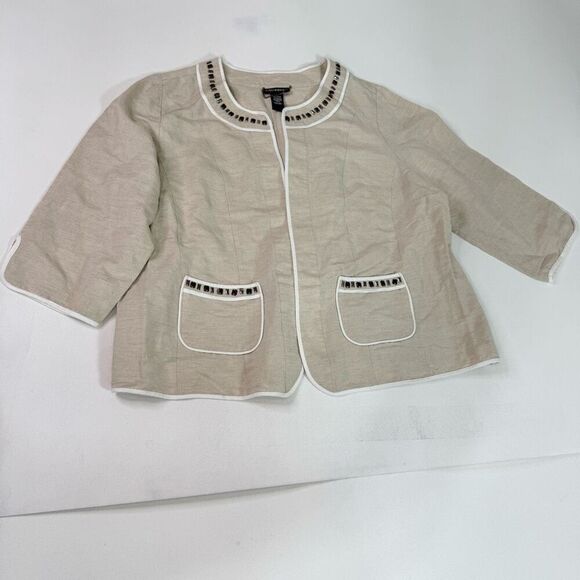 Catherines Blazer Jacket Womens 18/20W tan 3/4 Sleeve Linen Blend Piped Beaded - Picture 1 of 8